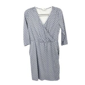 Boden Women Size 8 Medium Dress Short 3/4 Sleeve Wrap Blue White Print Stretch